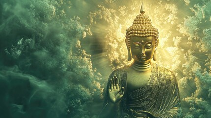 Obraz premium Stunning golden Lord Buddha surrounded by fluffy light green rays, creating a radiant backdrop of divine light and spiritual tranquility
