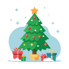 A vibrant Christmas tree adorned with colorful ornaments stands tall, crowned with a golden star. Snowflakes