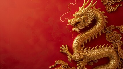 Obraz premium A golden dragon sculpture on a red background with clouds and flowers carved into the background.