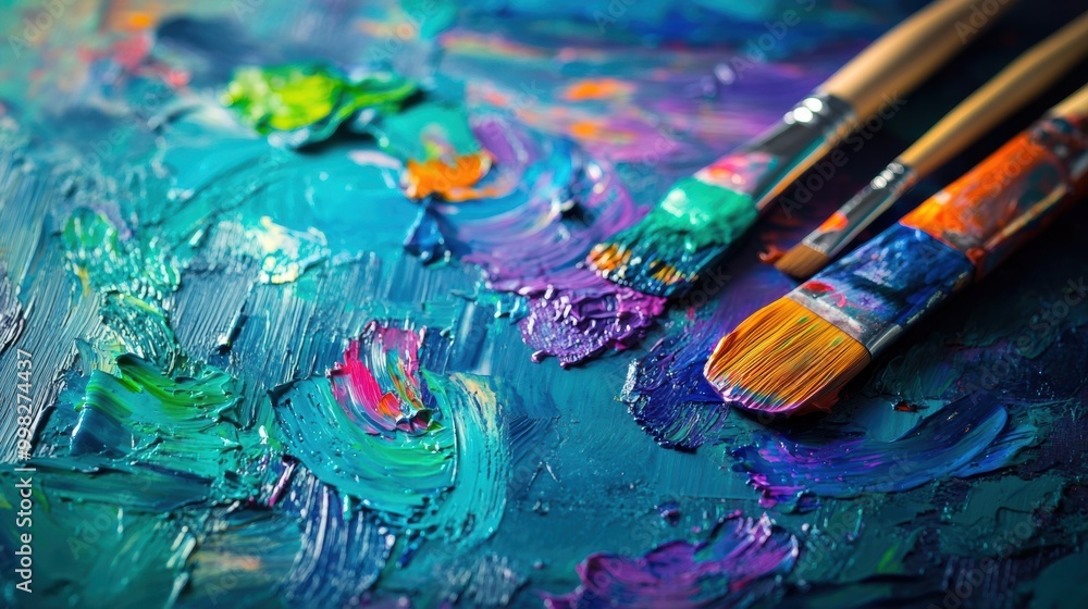 Poster bright splashes of color decorate a painter's canvas as brushes lie nearby, showcasing an expressive