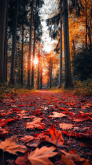 Scenic autumn forest path covered in vibrant fallen leaves with golden sunlight streaming through the trees, captured in a serene, dreamy atmosphere with warm tones and shallow depth of field.