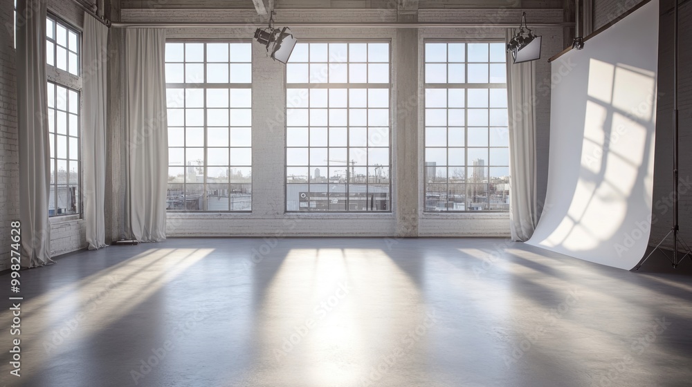 Poster empty photo studio with soft natural light from large windows, equipped with professional lighting f
