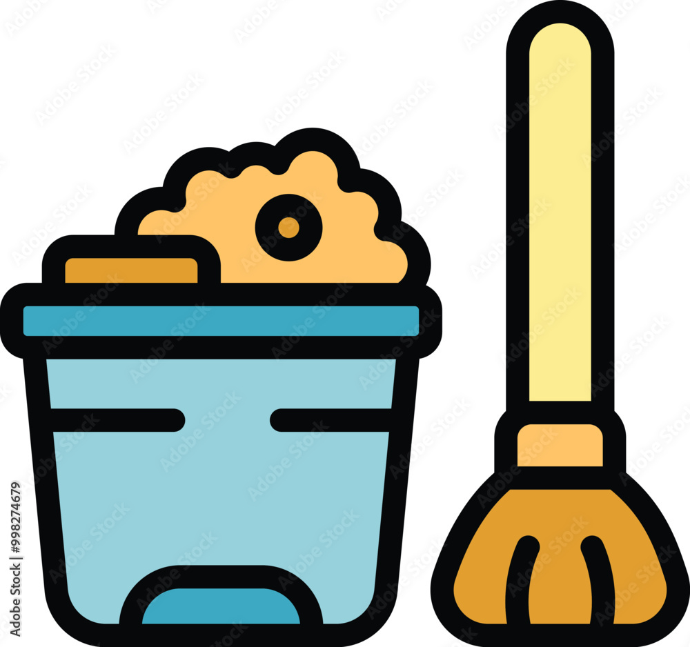 Poster cleaning tools bucket with soap and sponge and broom for housekeeping service, simple style isolated