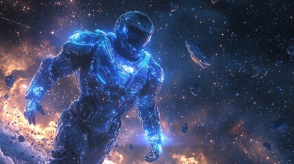 Glowing Warrior in Cosmic Space Environment