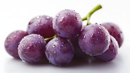 Vibrant Purple Grapes with Fresh Water Droplets, ideal for advertising designs, showcasing freshness and indulgence against a clean backdrop