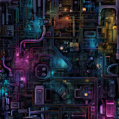 Dystopian Cyberpunk City Battle Map for Tabletop Role-Playing Games, Sci-Fi RPG Map with Neon Details, High-Tech Urban Environment for Cyberpunk Campaigns, Top-Down Digital Background for RPG Sessions