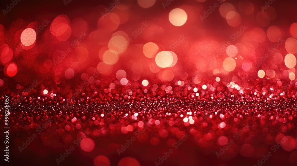 Poster vibrant red glitter lights background with blurred circle bokeh creating a romantic atmosphere for v