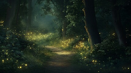 Obraz premium A magical forest path illuminated by fireflies at night.