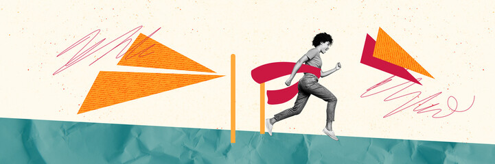 Composite trend artwork sketch image photo collage of young woman achieve goal run finish route way...
