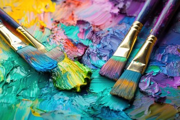 Obraz premium Bright splashes of paint decorate the palette while brushes lay poised on the canvas, ready for creative expression. Generative AI