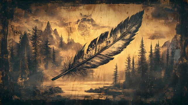 Eagle Feather Tattoo Design, intricate wood-style artwork featuring an eagle amidst a serene forest landscape, rich details and symbolism