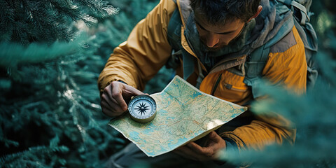 Nature's Navigator: An outdoorsman consulting a map and compass, with trees surrounding him.