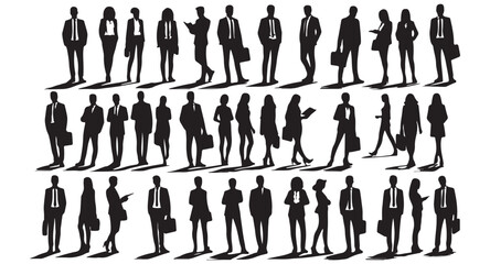 Diverse casual business people standing, walking, men and women, girl, Silhouettes set vector illustration design black and white art