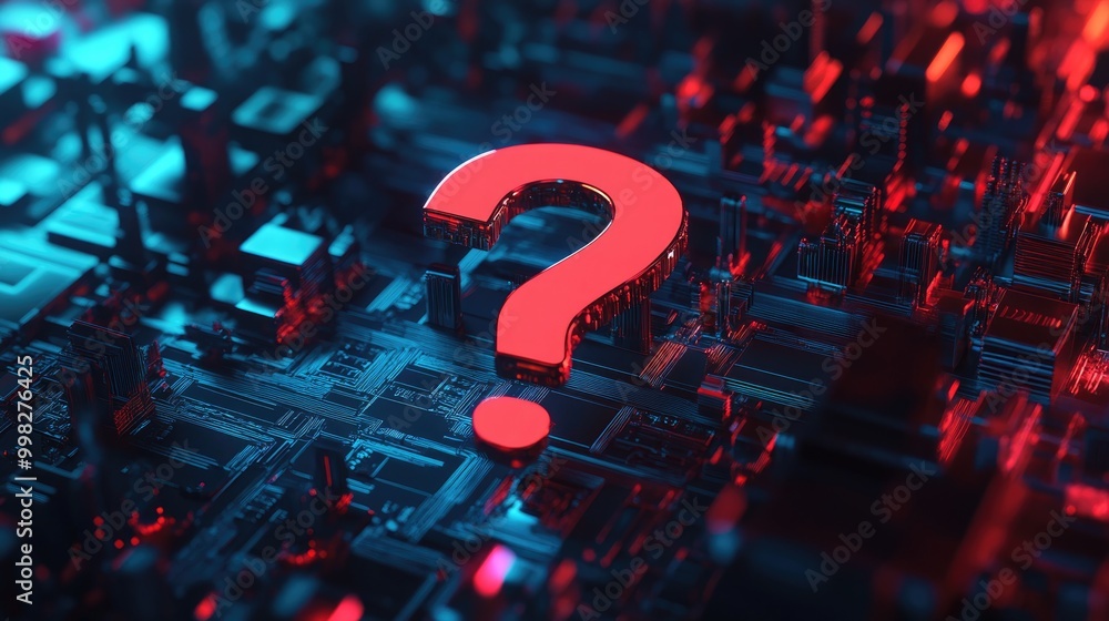 Poster 3d illustration of a question mark network icon in a cyberpunk style design