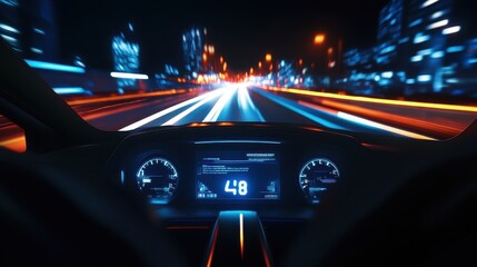 Futuristic empty car cockpit at night with digital speedometer and advanced tech HUD, illustrating the future of autonomous driving