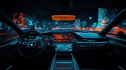 Futuristic empty car cockpit at night with digital speedometer and advanced tech HUD, illustrating the future of autonomous driving