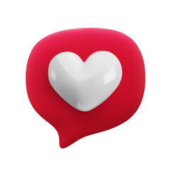 Vector cartoon minimal 3d red speech bubble with white heart icon. Realistic render of chat messaging, like button sign, favorites symbol, comment in social media, like counter concept, love message.