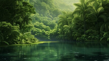 Obraz premium A serene river winds through a lush green jungle, sunlight filtering through the dense foliage, creating a sense of peace and tranquility.