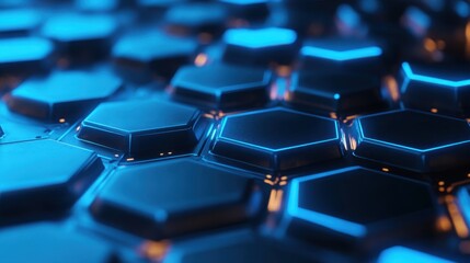 Fototapeta premium Geometric hexagonal structure with glowing blue highlights, perfect for tech layouts, featuring a 3D grid effect.