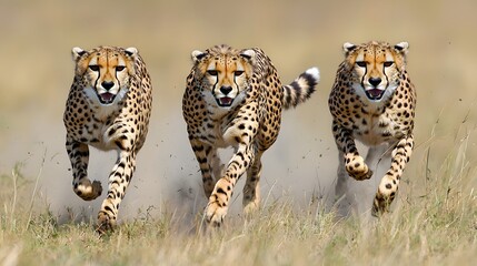 Naklejka premium Three cheetahs sprinting across the grassland, showcasing their speed and agility.
