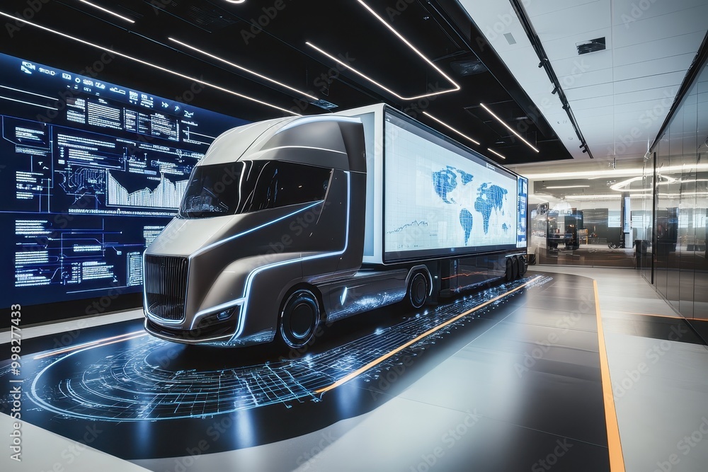 Poster a futuristic truck model displayed in a high-tech environment with digital graphics.