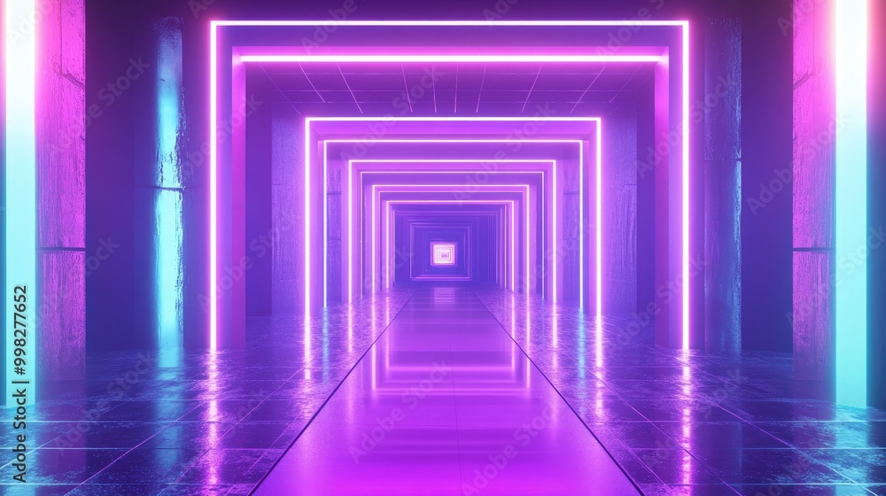 Poster 3d rendering of a virtual reality space featuring neon lighting a square portal tunnel ultraviolet h