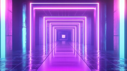 3D rendering of a virtual reality space featuring neon lighting a square portal tunnel ultraviolet hues and an abstract backdrop resembling a laser show on a fashion catwalk stage with reflective