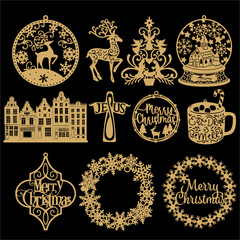 Merry Christmas decor ornament element, hanging items for laser cutting, Floral