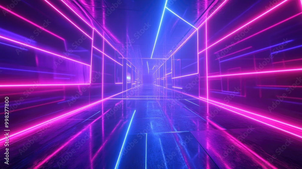 Poster 3d rendering featuring glowing lines and neon lights with an abstract psychedelic background a cube 