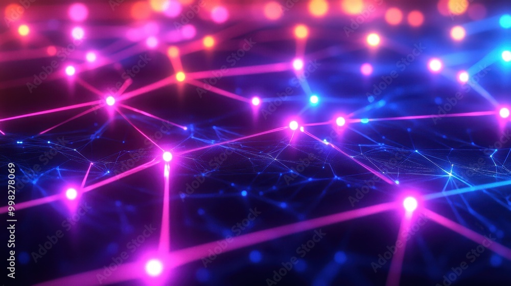 Poster glowing nodes representing an intertwining digital connectivity network, symbolizing seamless inform