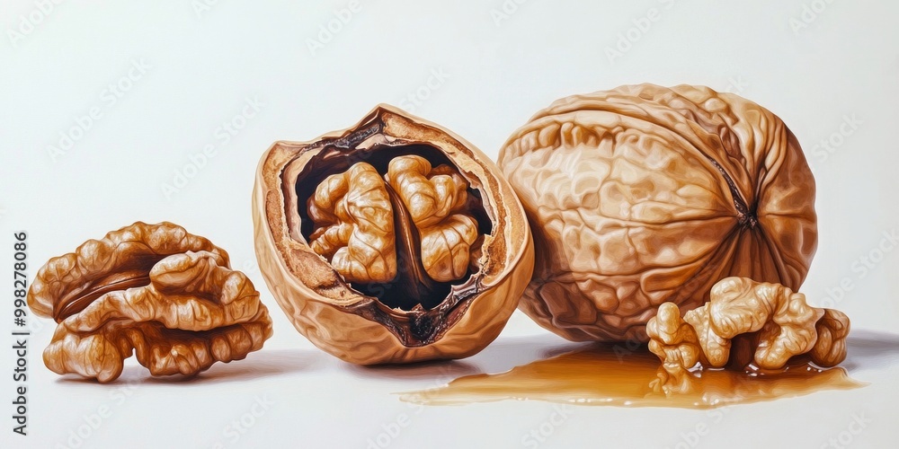 Poster a close-up view of walnuts showcases their unique textures and shapes. the shiny walnut halves are b