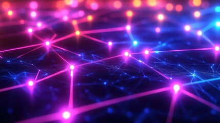 Naklejka premium Glowing nodes representing an intertwining digital connectivity network, symbolizing seamless information flow in modern technology.