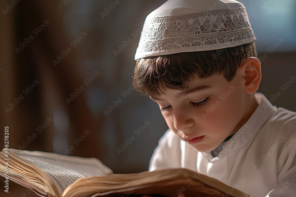 Canvas Prints Young Boy in Devotion with Prayer Book during Yom Kippur  