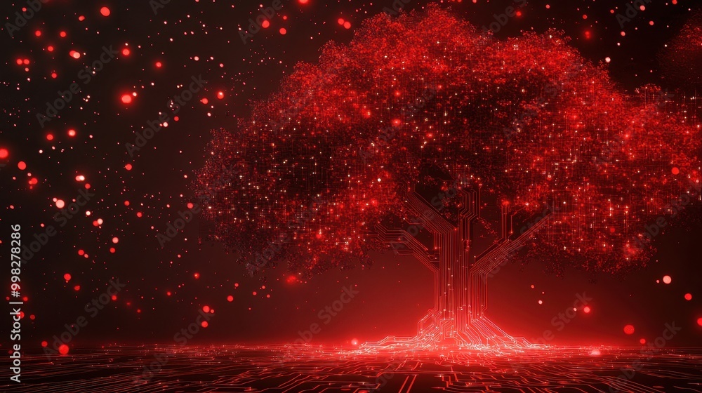 Poster glowing red abstract tree with circuit board elements running through its structure, symbolizing the