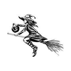 Black sketch Flying Witch with Pumpkin lantern Hand drawn illustration