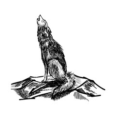 Black sketch of a wolf howling at the Moon, hand-drawn