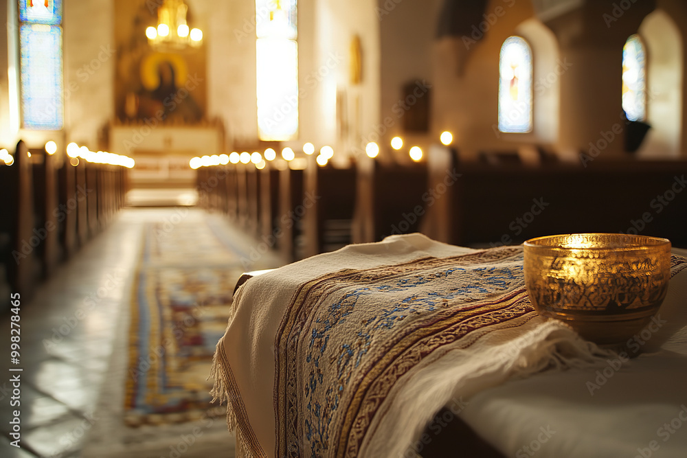 Sticker Serene Synagogue Atmosphere on Yom Kippur with Prayer Shawls  