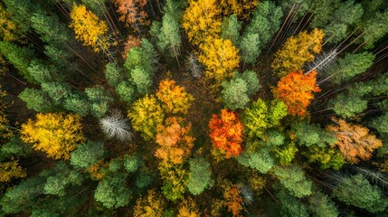 Aerial view of vibrant autumn foliage in a lush forest.