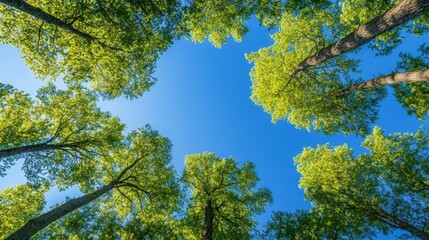 Towering trees form a lush green canopy under a vibrant blue sky, offering a serene nature backdrop with room for text