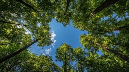 Obraz premium Towering trees form a lush green canopy under a vibrant blue sky, offering a serene nature backdrop with room for text