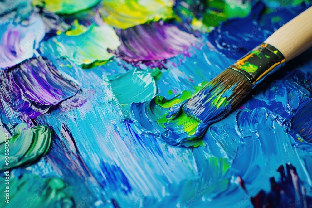 Poster bright splashes of paint cover the palette, while a brush captures the vivid colors on the canvas, c