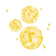 Set of gold discoball icons. Golden disco party mirrorballs in retro 70s 80s 90s retro discotheque style. Shining night club globes. Nightlife, holiday or fun symbols.
