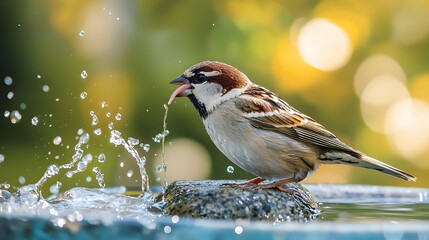 Obraz premium A sparrow drinking water on a sunny day amidst splashes and bokeh background.