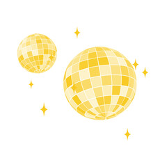 Set of gold discoball icons. Golden disco party mirrorballs in retro 70s 80s 90s retro discotheque style. Shining night club globes. Nightlife, holiday or fun symbols.

