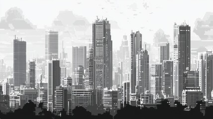 Grayscale pixelated city skyline with towering skyscrapers and modern urban design, perfect for a tech-driven aesthetic.