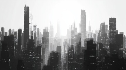 Grayscale pixelated skyline with towering skyscrapers, creating a futuristic, digital urban landscape.