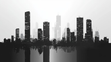 Obraz premium Grayscale pixelated skyline with towering skyscrapers, creating a futuristic, digital urban landscape.