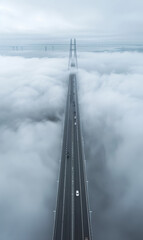 long bridge disappears into misty clouds and fog, surreal and atmospheric scene, human engineering with nature mysterious beauty concept