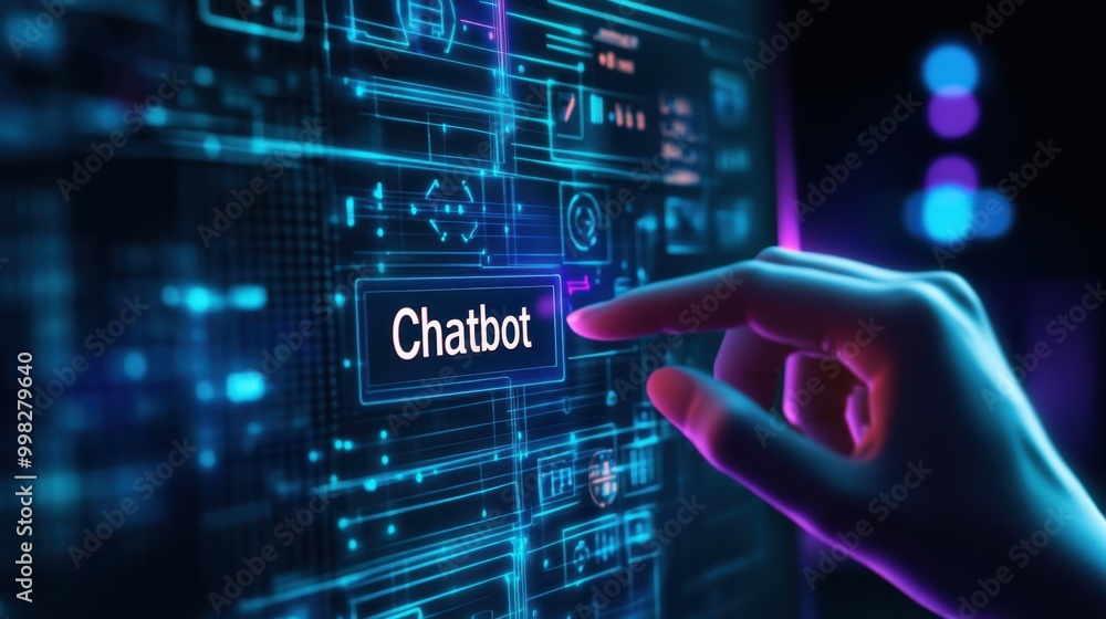 Poster hand touching a computer screen displaying a chatbot interface with the text 