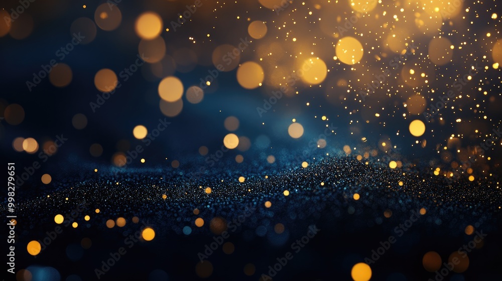 Poster abstract background featuring dark blue and gold particles with a shimmering effect bokeh of golden 